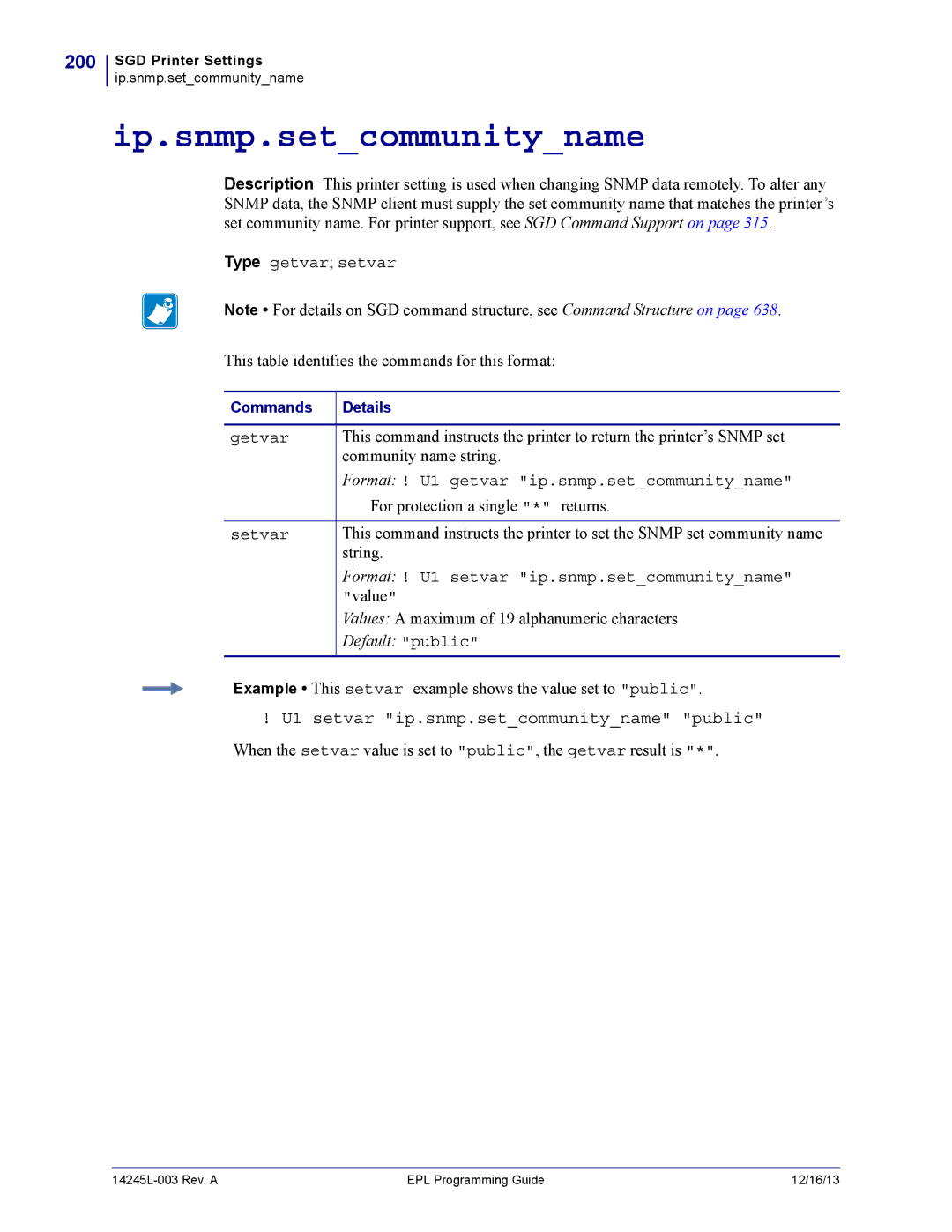 Zebra Technologies 14245L-003 manual Ip.snmp.setcommunityname, 200, U1 setvar ip.snmp.setcommunityname public 