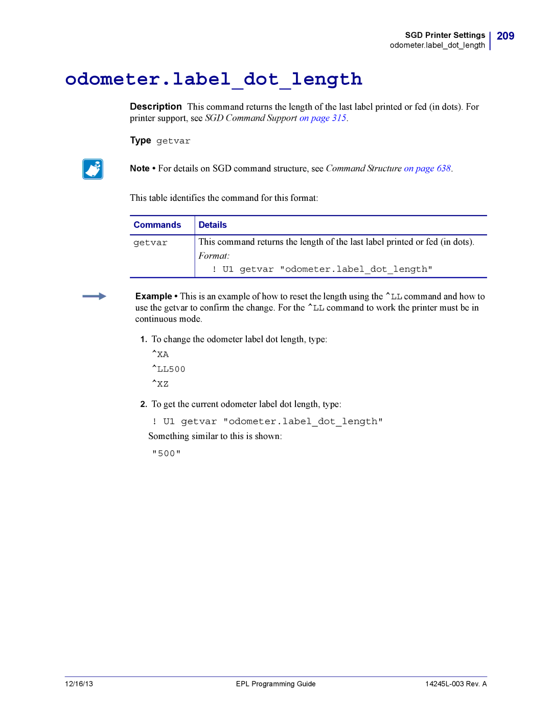 Zebra Technologies 14245L-003 manual Odometer.labeldotlength, 209, U1 getvar odometer.labeldotlength, 500 