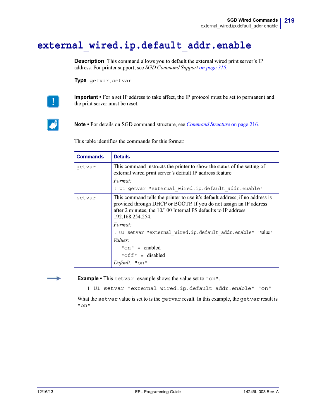 Zebra Technologies 14245L-003 manual Externalwired.ip.defaultaddr.enable, 219 