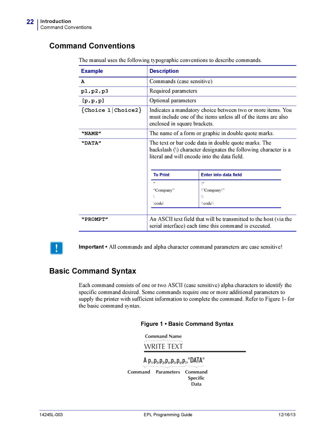 Zebra Technologies 14245L-003 manual Command Conventions, Basic Command Syntax 