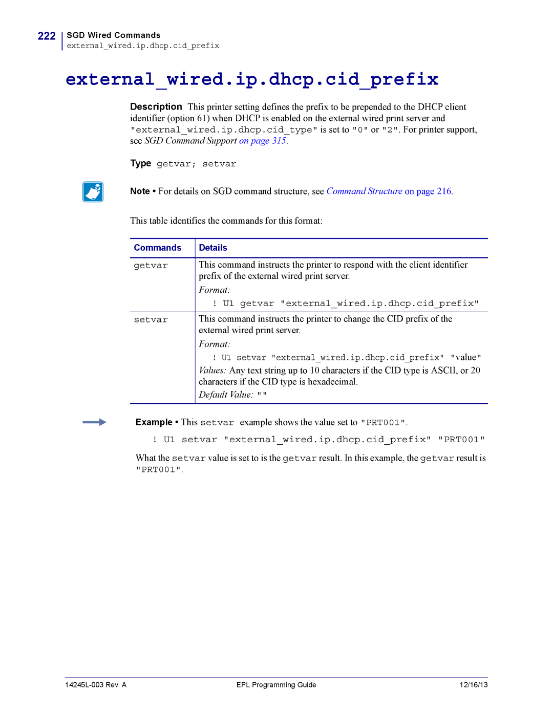 Zebra Technologies 14245L-003 manual Externalwired.ip.dhcp.cidprefix, 222, U1 setvar externalwired.ip.dhcp.cidprefix PRT001 