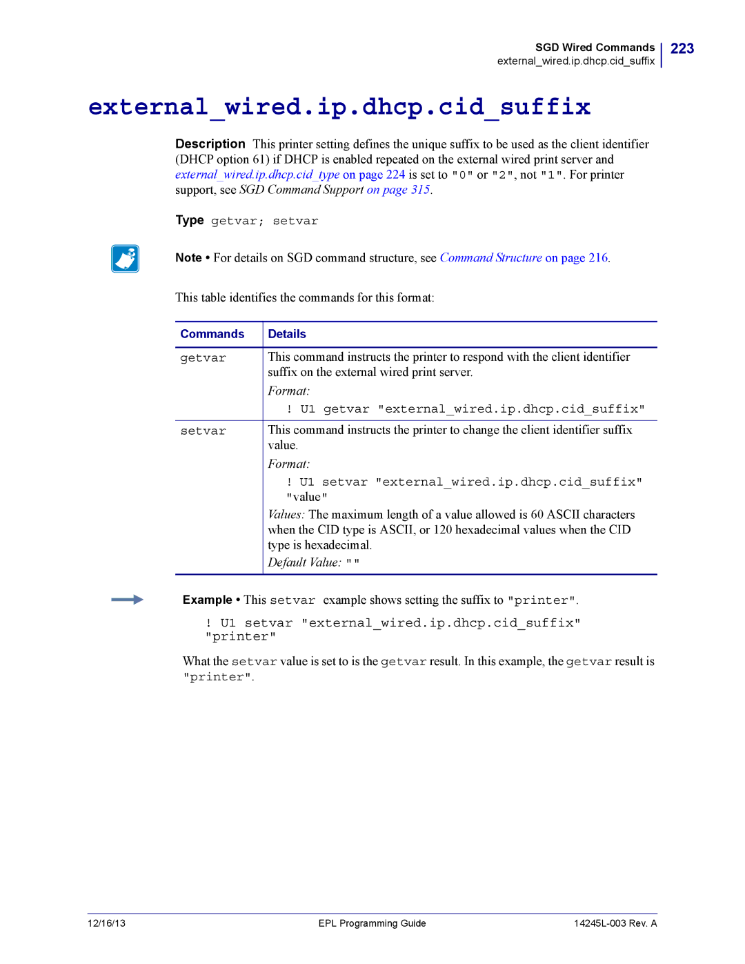 Zebra Technologies 14245L-003 Externalwired.ip.dhcp.cidsuffix, 223, U1 setvar externalwired.ip.dhcp.cidsuffix printer 