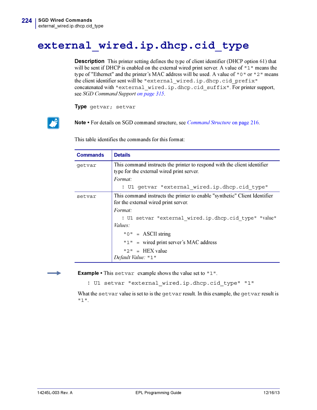 Zebra Technologies 14245L-003 manual Externalwired.ip.dhcp.cidtype, 224, U1 setvar externalwired.ip.dhcp.cidtype 