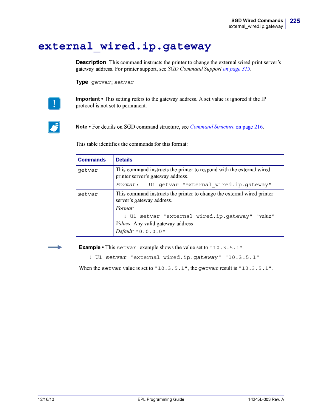 Zebra Technologies 14245L-003 manual Externalwired.ip.gateway, 225, U1 setvar externalwired.ip.gateway 