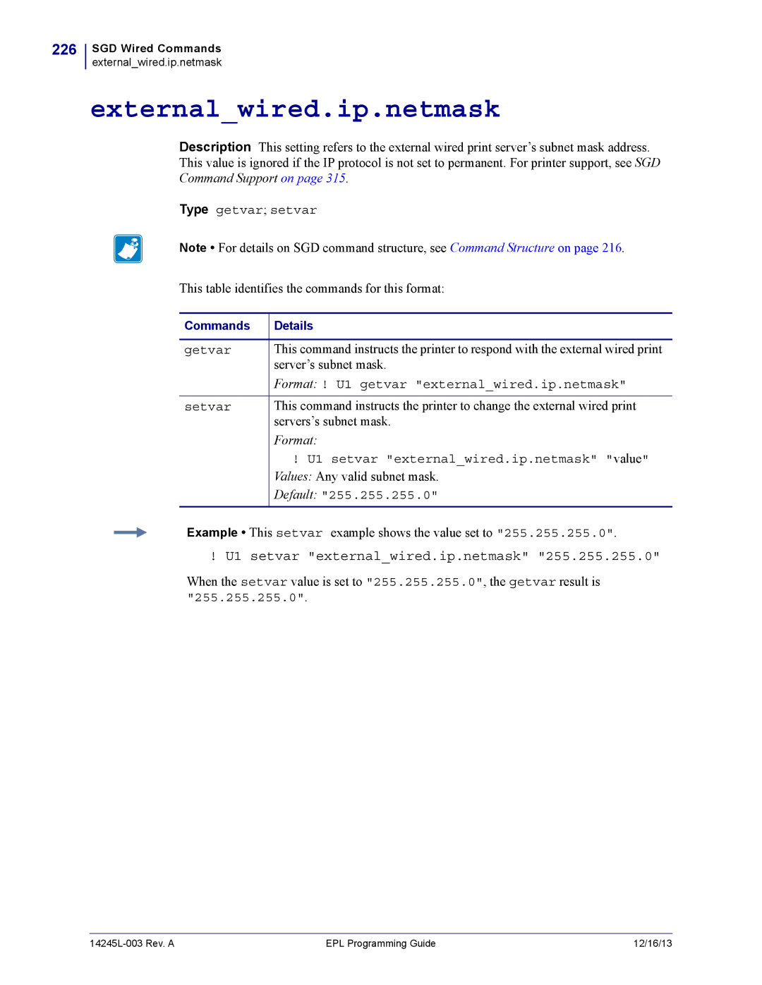 Zebra Technologies 14245L-003 manual Externalwired.ip.netmask, 226, U1 setvar externalwired.ip.netmask 