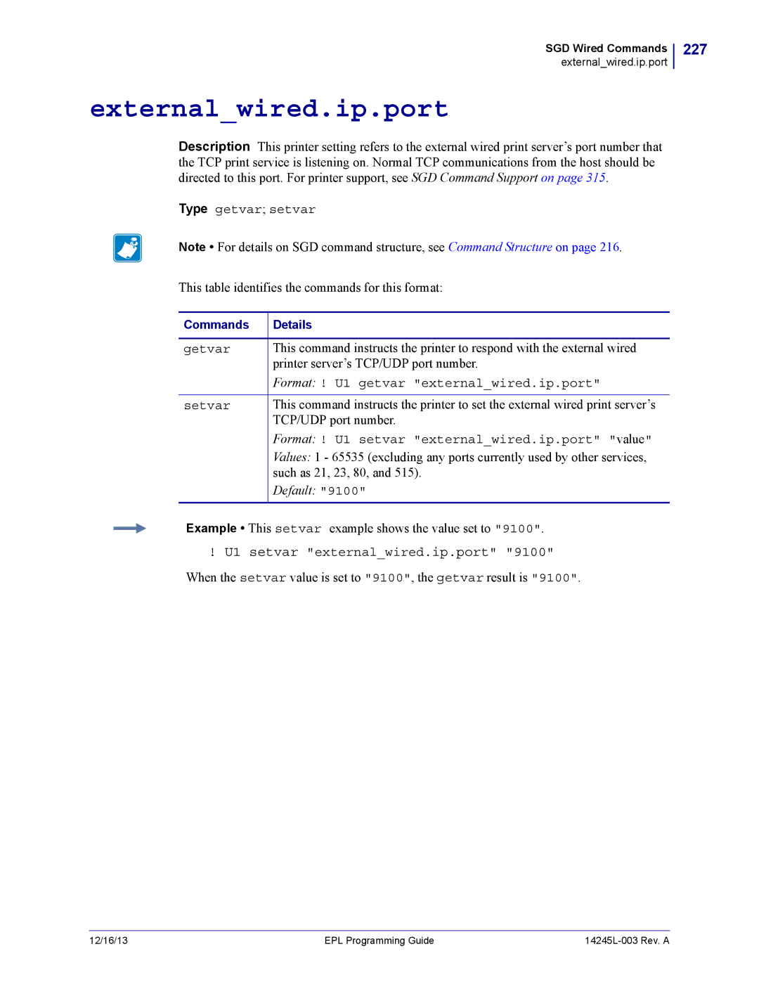 Zebra Technologies 14245L-003 manual Externalwired.ip.port, 227, U1 setvar externalwired.ip.port 