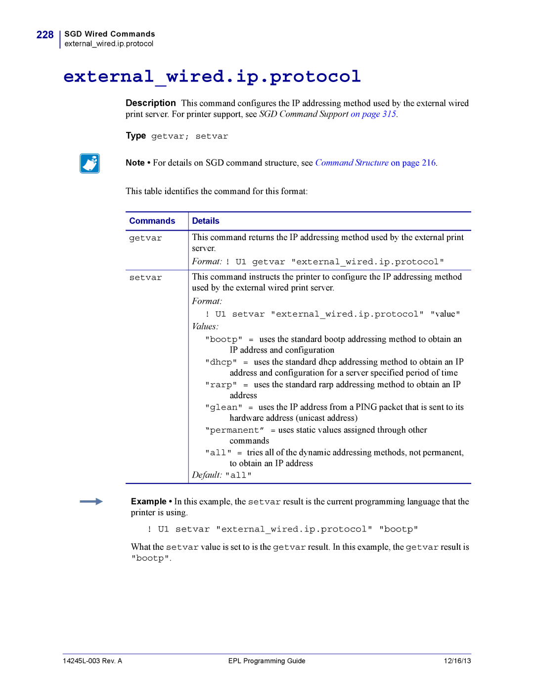 Zebra Technologies 14245L-003 manual Externalwired.ip.protocol, 228, U1 setvar externalwired.ip.protocol bootp 