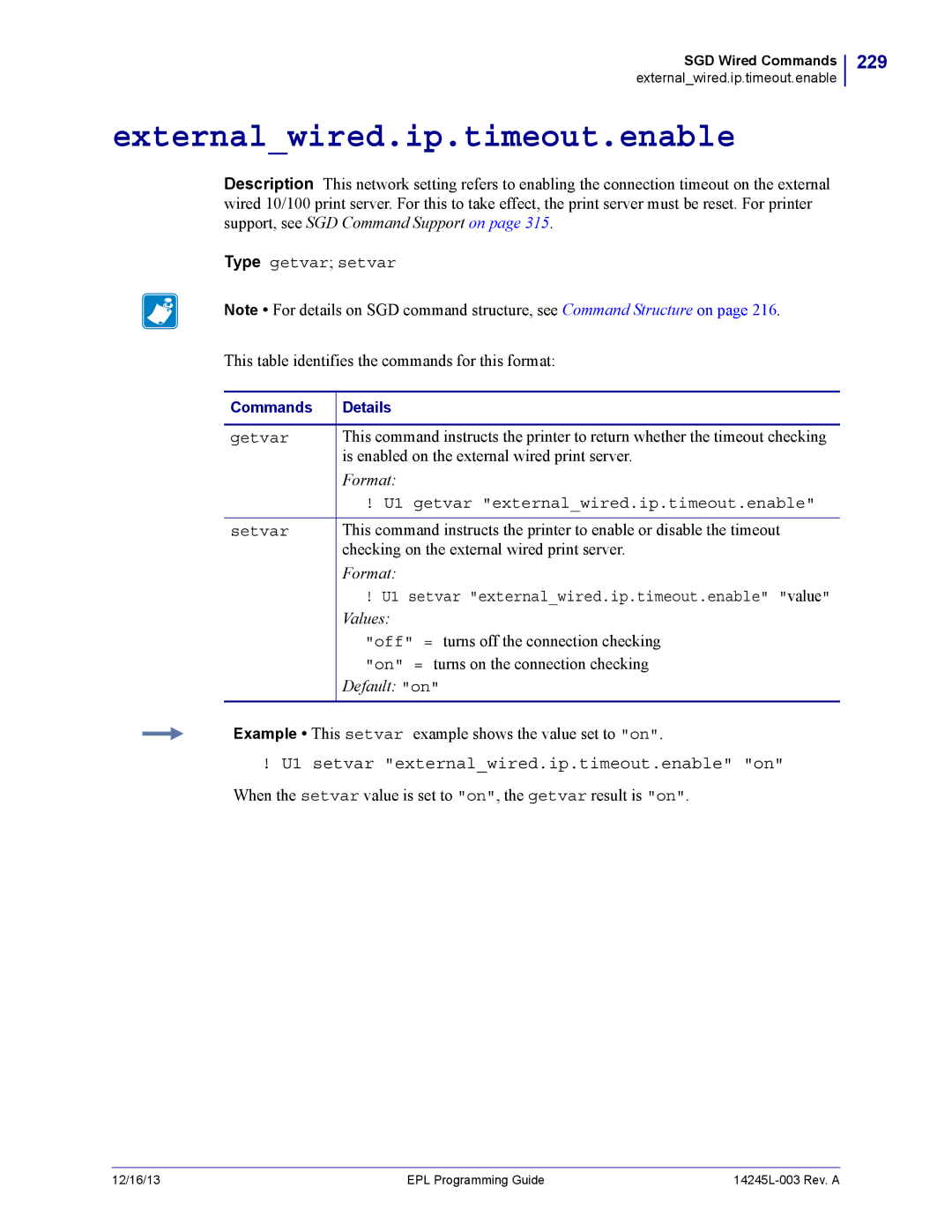 Zebra Technologies 14245L-003 manual Externalwired.ip.timeout.enable, 229, U1 setvar externalwired.ip.timeout.enable on 