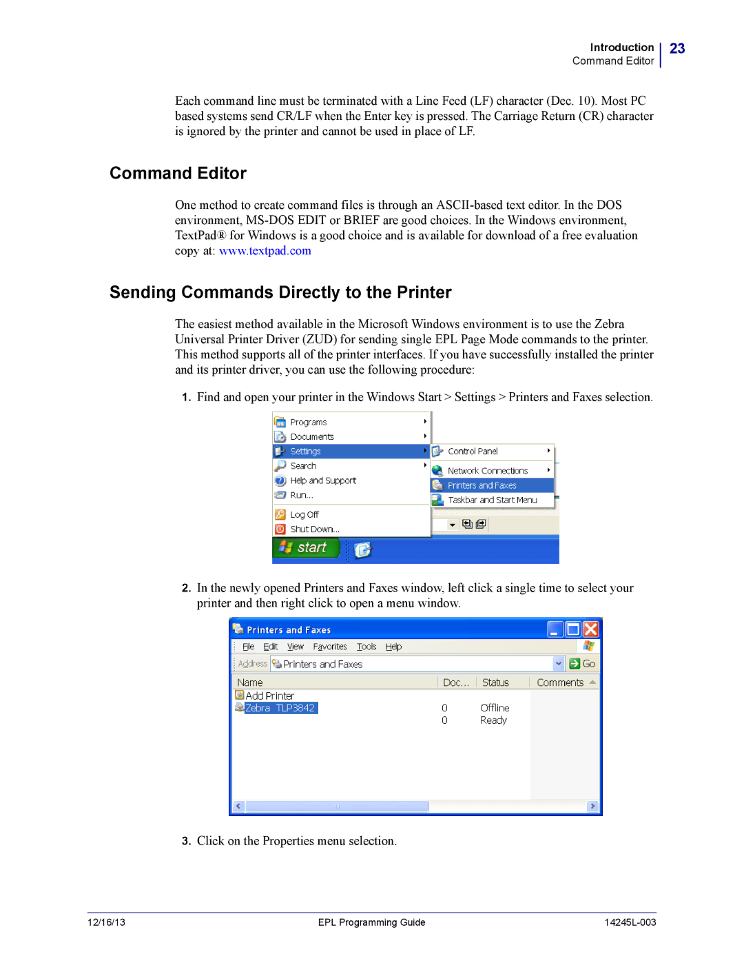 Zebra Technologies 14245L-003 manual Command Editor Sending Commands Directly to the Printer 