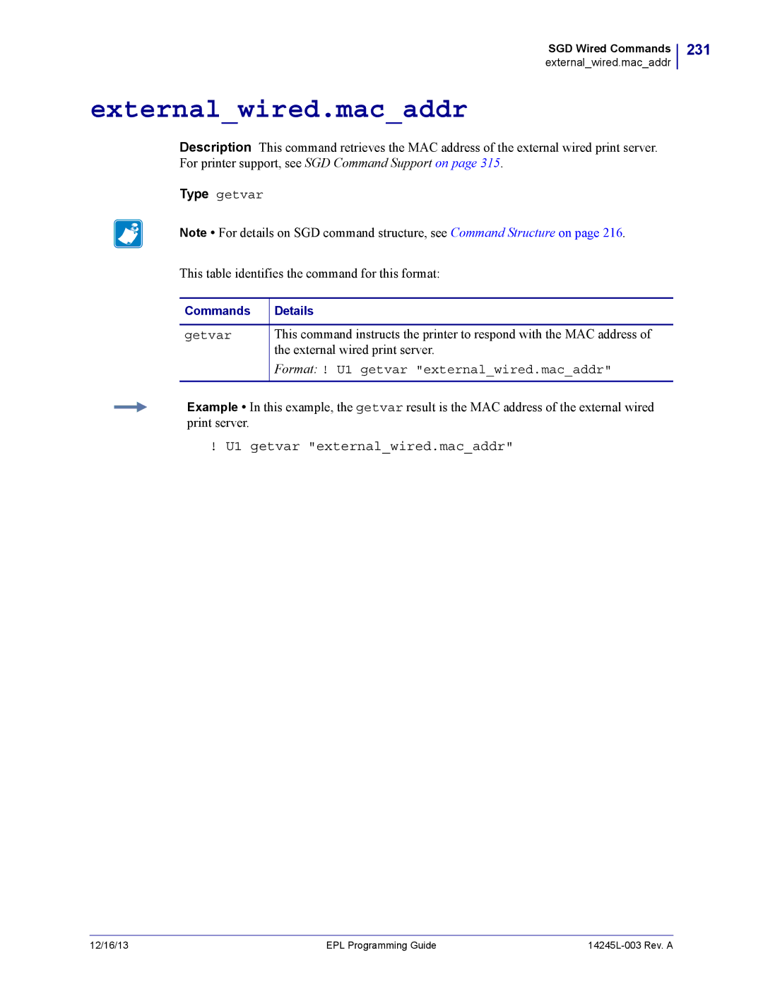 Zebra Technologies 14245L-003 manual Externalwired.macaddr, 231, U1 getvar externalwired.macaddr 
