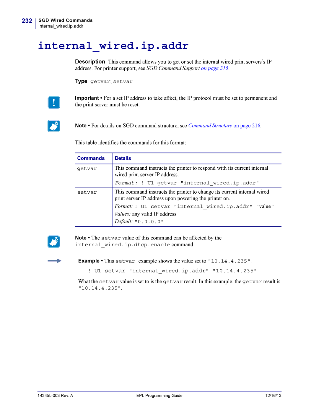 Zebra Technologies 14245L-003 manual Internalwired.ip.addr, 232, U1 setvar internalwired.ip.addr 