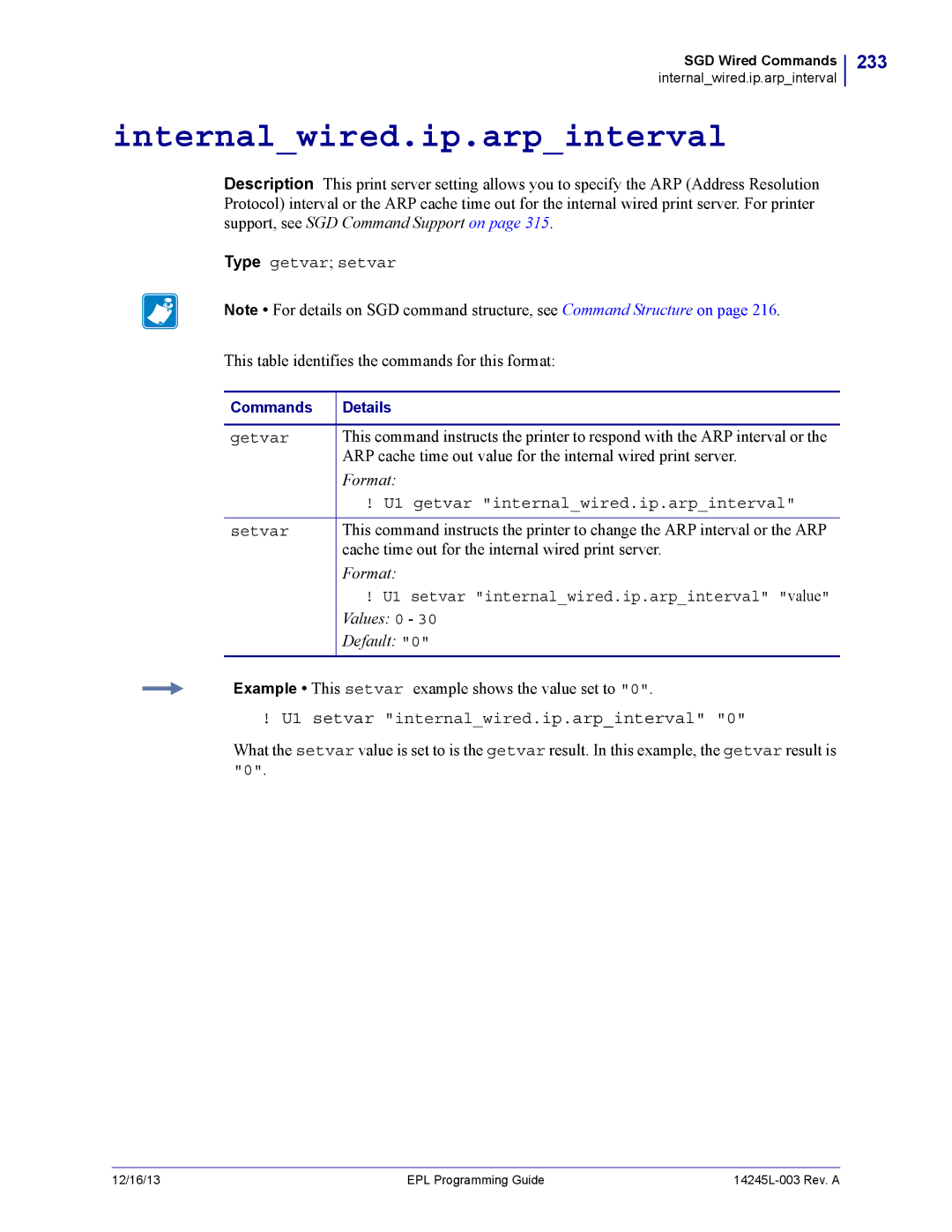 Zebra Technologies 14245L-003 manual Internalwired.ip.arpinterval, 233, U1 setvar internalwired.ip.arpinterval 