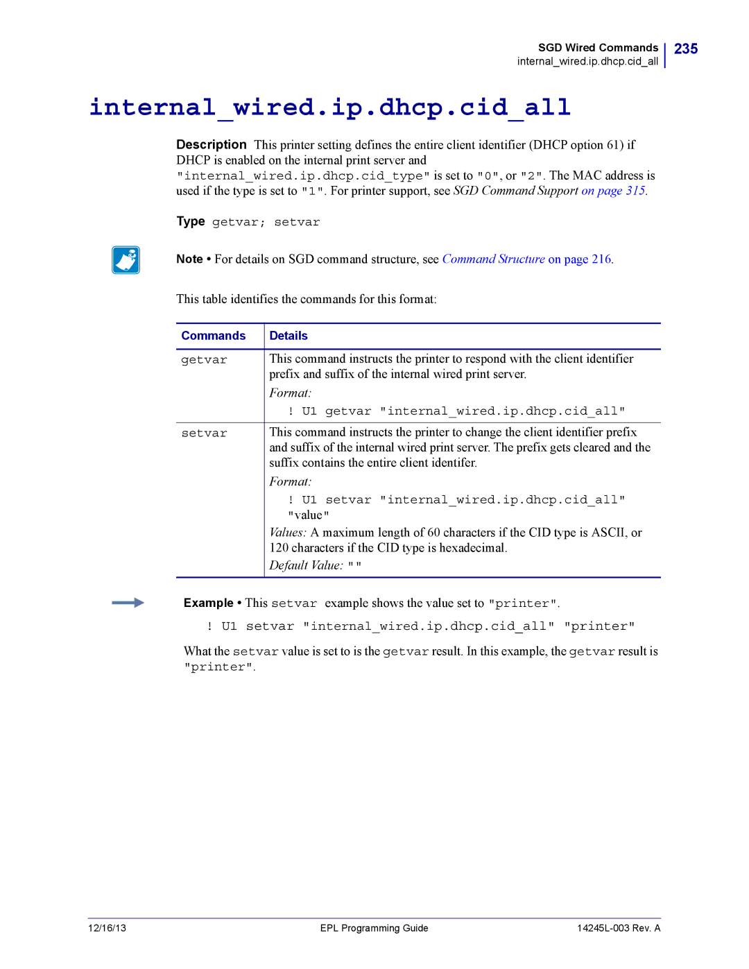 Zebra Technologies 14245L-003 manual Internalwired.ip.dhcp.cidall, 235, U1 setvar internalwired.ip.dhcp.cidall printer 