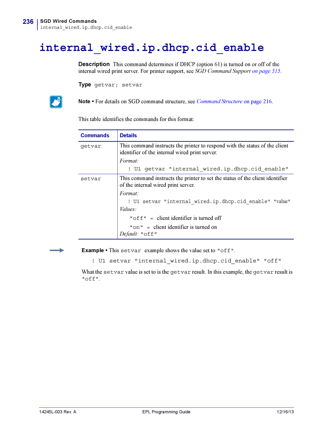 Zebra Technologies 14245L-003 manual Internalwired.ip.dhcp.cidenable, 236, U1 setvar internalwired.ip.dhcp.cidenable off 