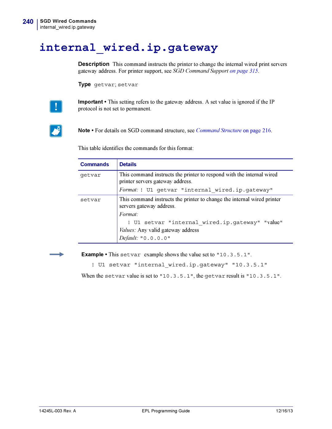Zebra Technologies 14245L-003 manual Internalwired.ip.gateway, 240, U1 setvar internalwired.ip.gateway 