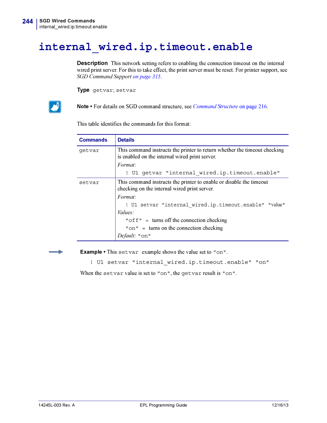 Zebra Technologies 14245L-003 manual Internalwired.ip.timeout.enable, 244, U1 setvar internalwired.ip.timeout.enable on 