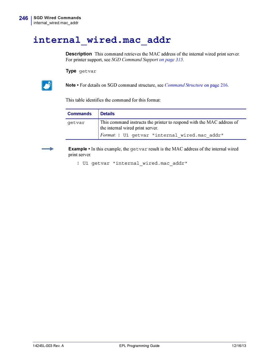 Zebra Technologies 14245L-003 manual Internalwired.macaddr, 246, U1 getvar internalwired.macaddr 