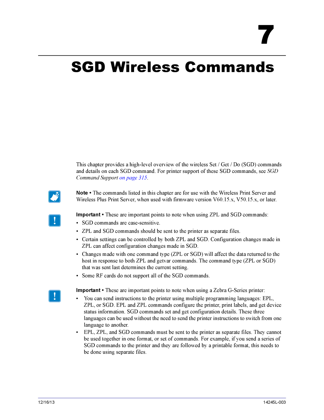 Zebra Technologies 14245L-003 manual SGD Wireless Commands 