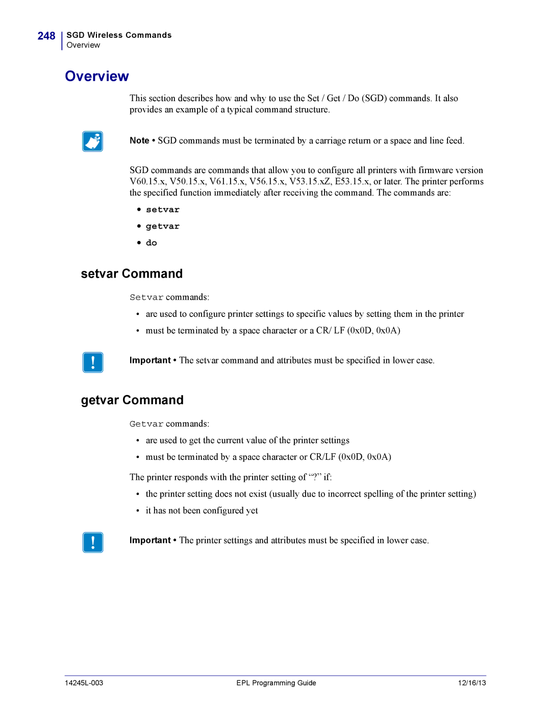 Zebra Technologies 14245L-003 manual Setvar Command, 248 