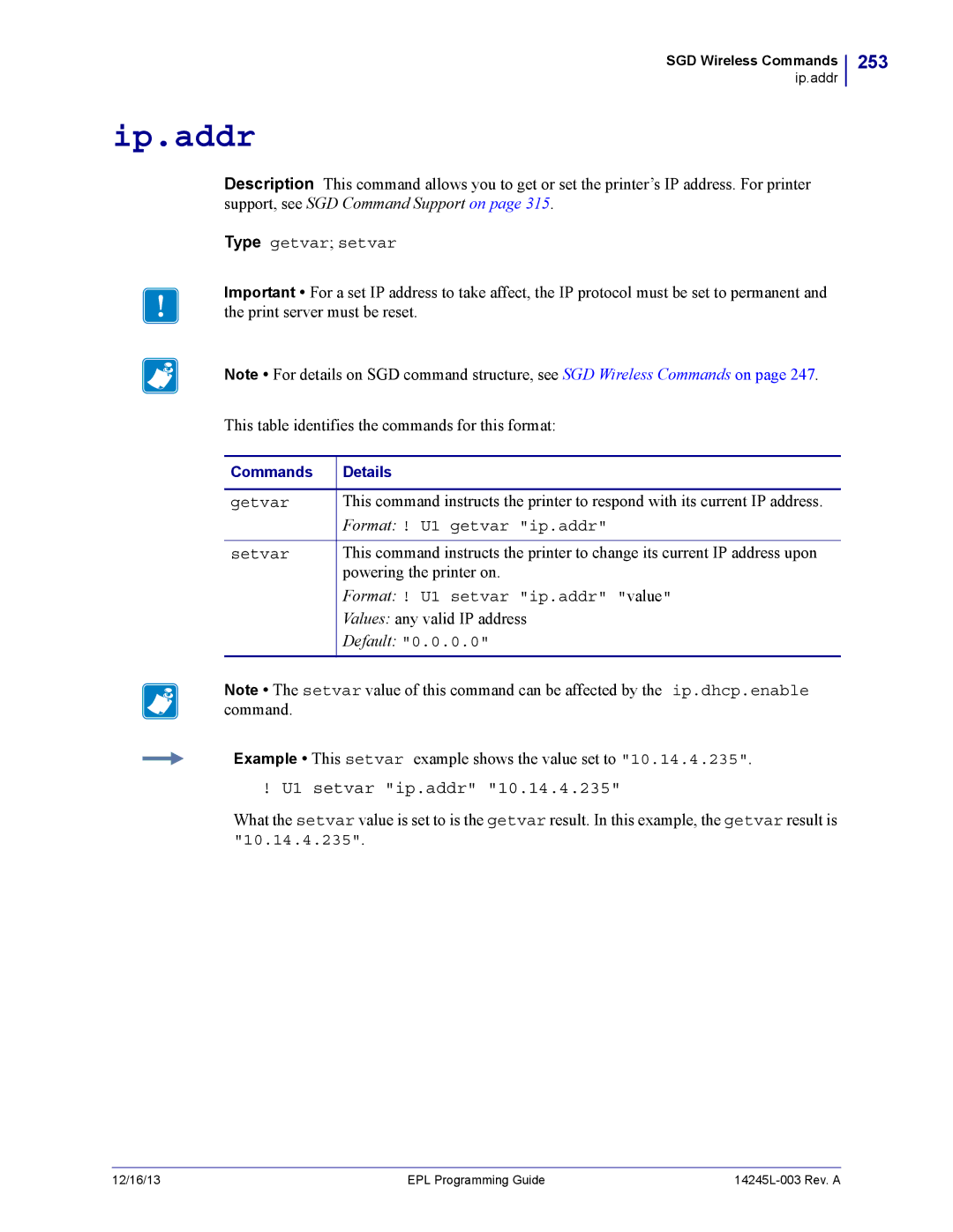 Zebra Technologies 14245L-003 manual Ip.addr, 253, U1 setvar ip.addr 