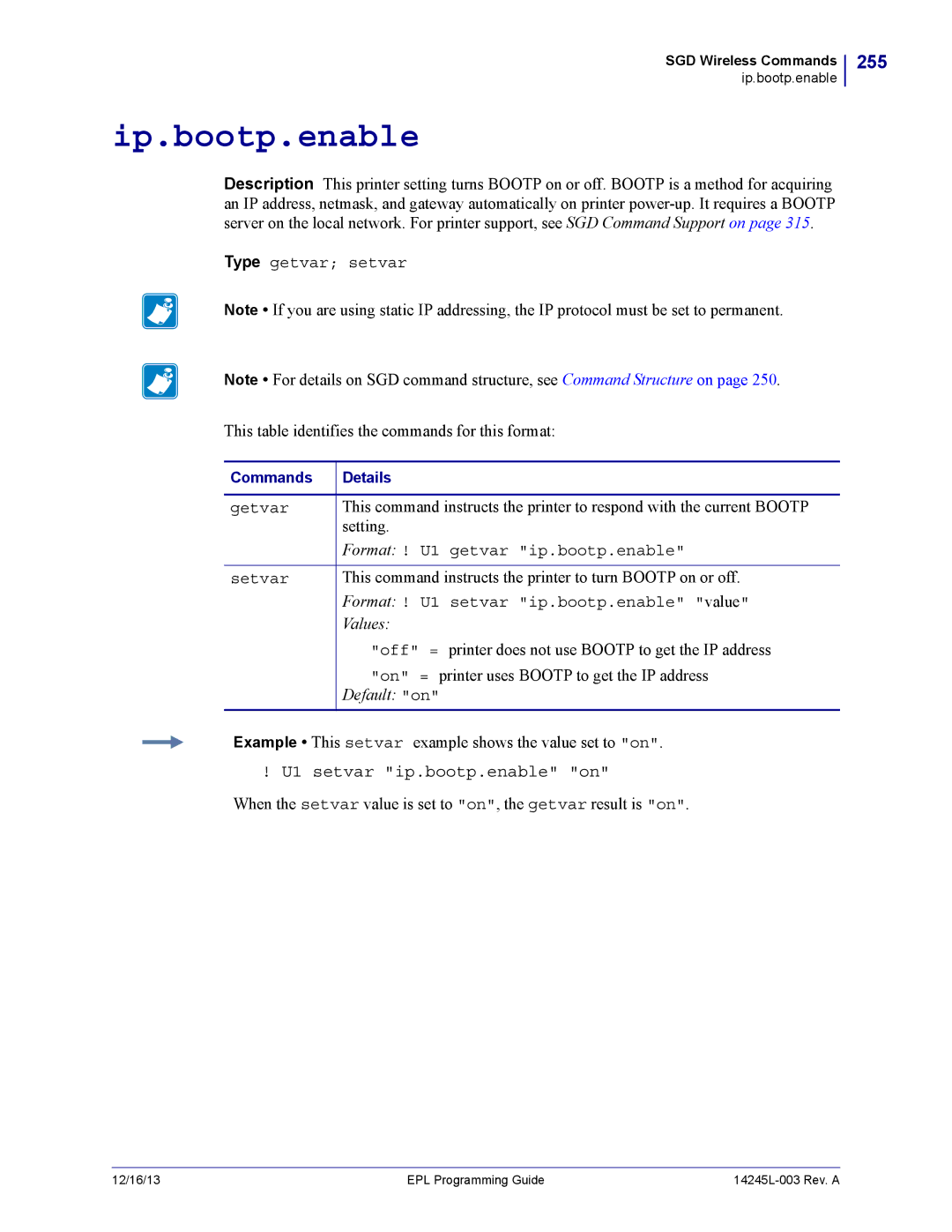 Zebra Technologies 14245L-003 manual Ip.bootp.enable, 255, U1 setvar ip.bootp.enable on 