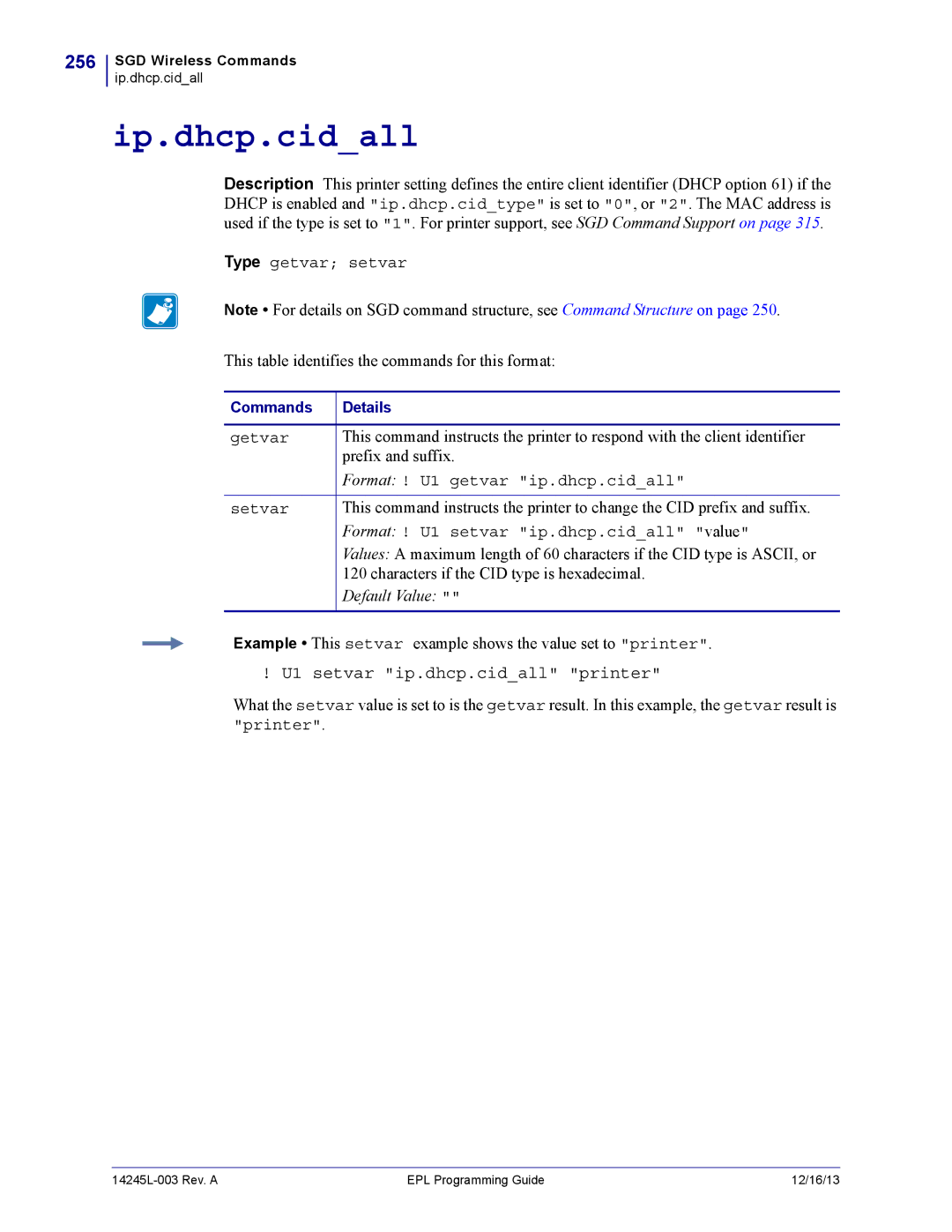 Zebra Technologies 14245L-003 manual Ip.dhcp.cidall, 256, U1 setvar ip.dhcp.cidall printer 