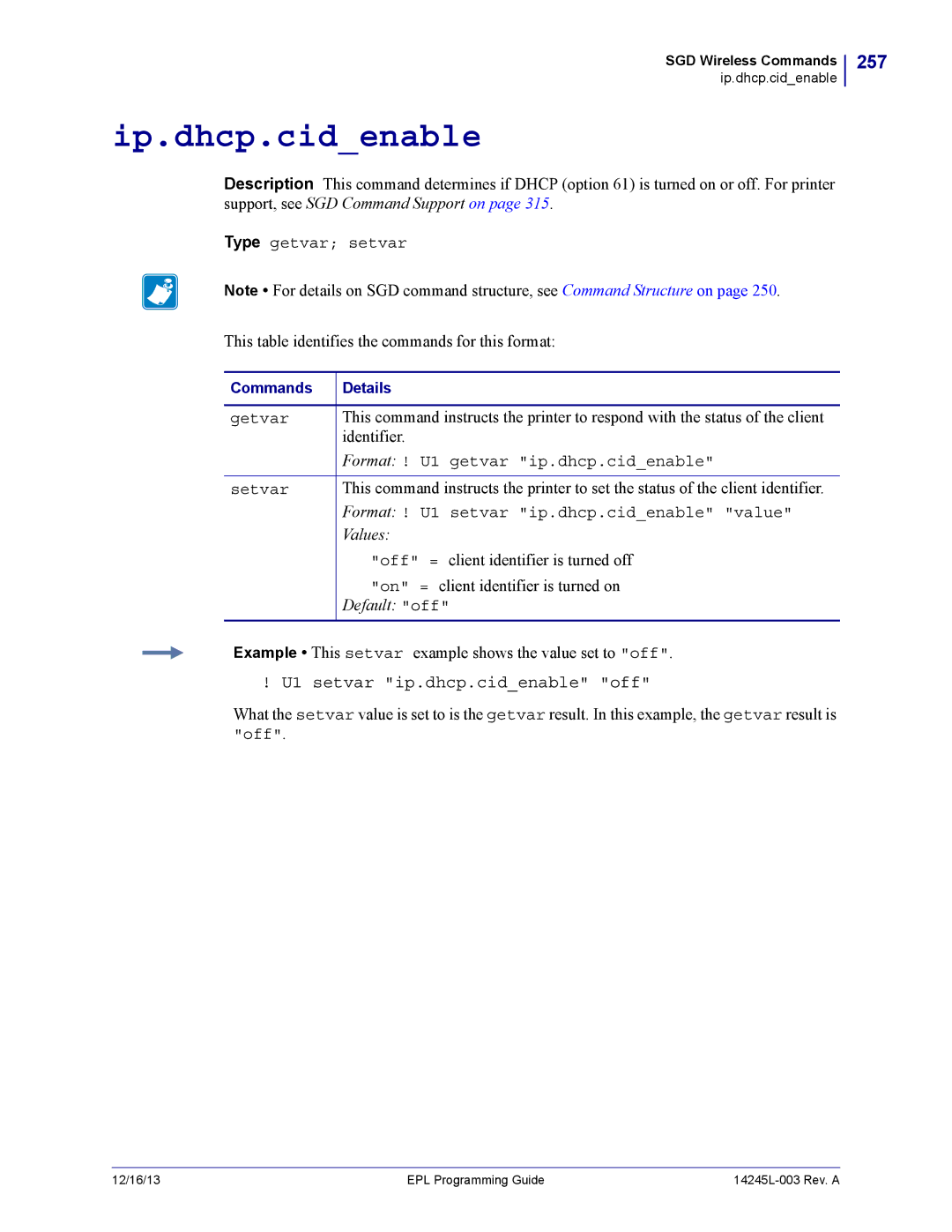 Zebra Technologies 14245L-003 manual Ip.dhcp.cidenable, 257, U1 setvar ip.dhcp.cidenable off 