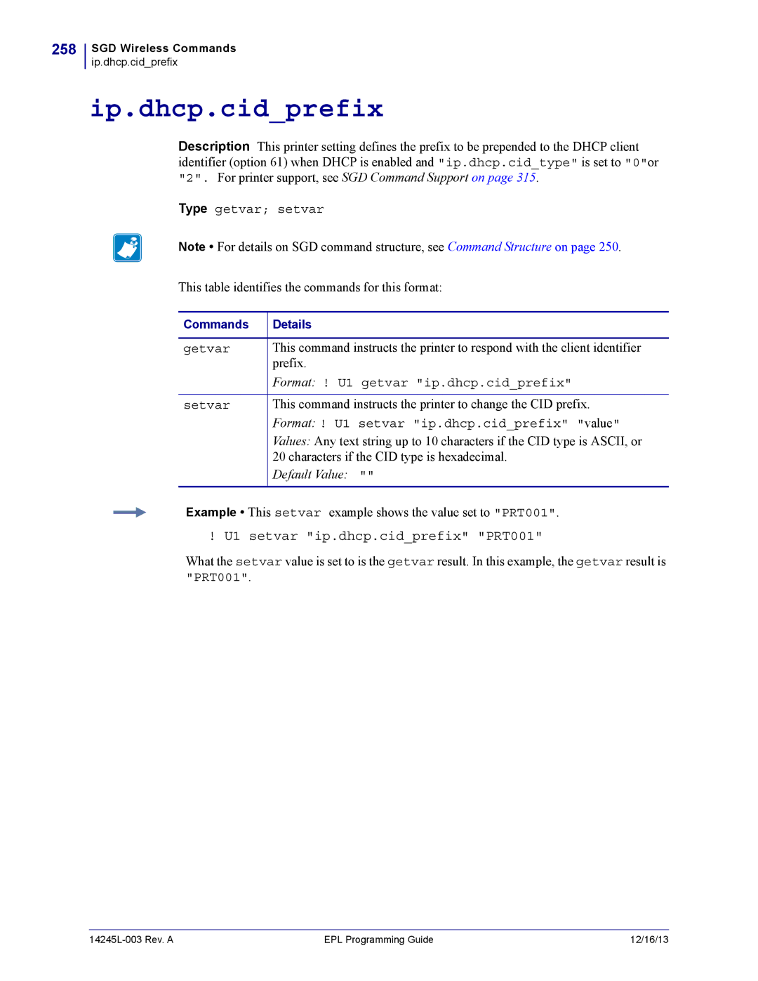 Zebra Technologies 14245L-003 manual Ip.dhcp.cidprefix, 258, U1 setvar ip.dhcp.cidprefix PRT001 