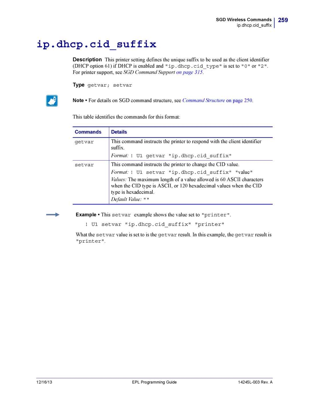 Zebra Technologies 14245L-003 manual Ip.dhcp.cidsuffix, 259, U1 setvar ip.dhcp.cidsuffix printer 