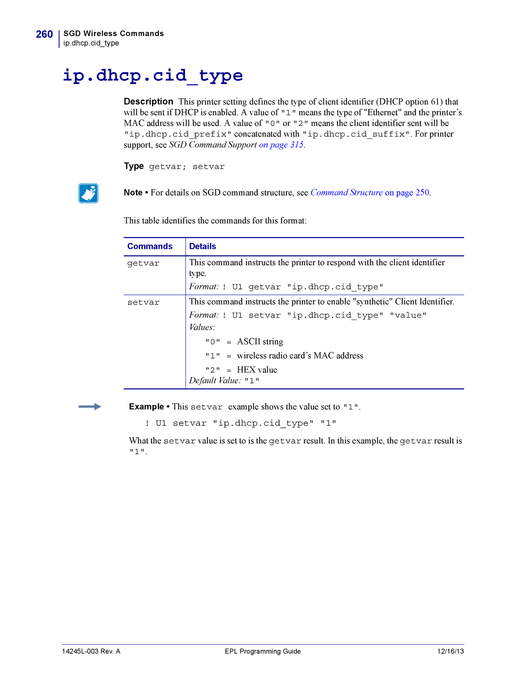 Zebra Technologies 14245L-003 manual Ip.dhcp.cidtype, 260, U1 setvar ip.dhcp.cidtype 