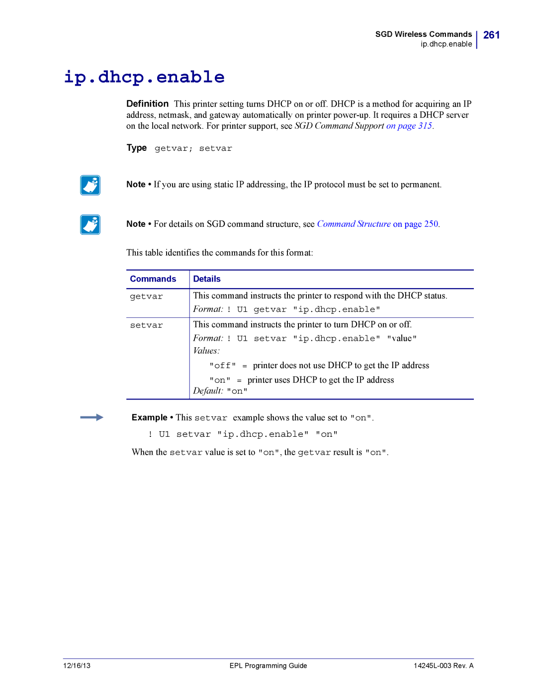 Zebra Technologies 14245L-003 manual Ip.dhcp.enable, 261, U1 setvar ip.dhcp.enable on 