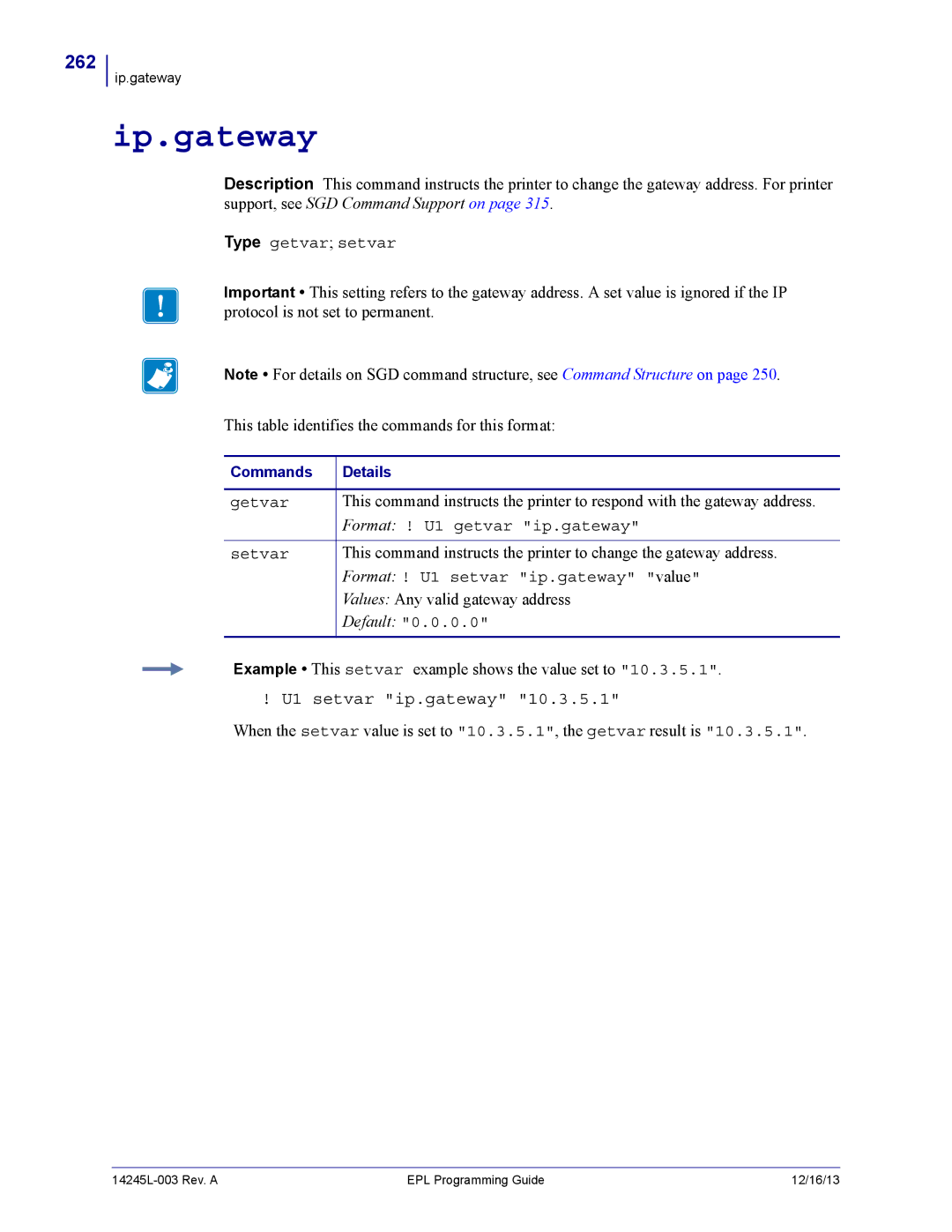 Zebra Technologies 14245L-003 manual Ip.gateway, 262, U1 setvar ip.gateway 