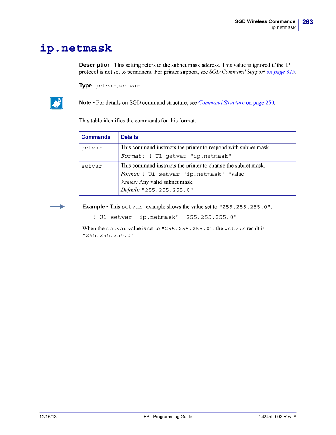 Zebra Technologies 14245L-003 manual Ip.netmask, 263, U1 setvar ip.netmask 