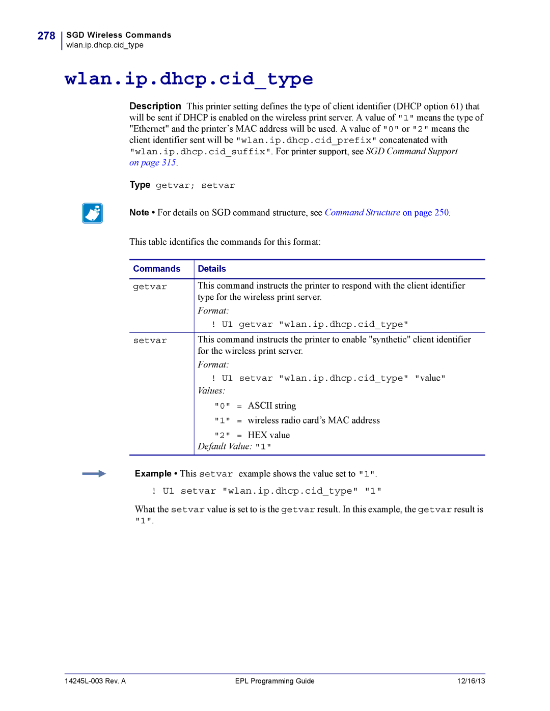 Zebra Technologies 14245L-003 manual Wlan.ip.dhcp.cidtype, 278, U1 setvar wlan.ip.dhcp.cidtype 