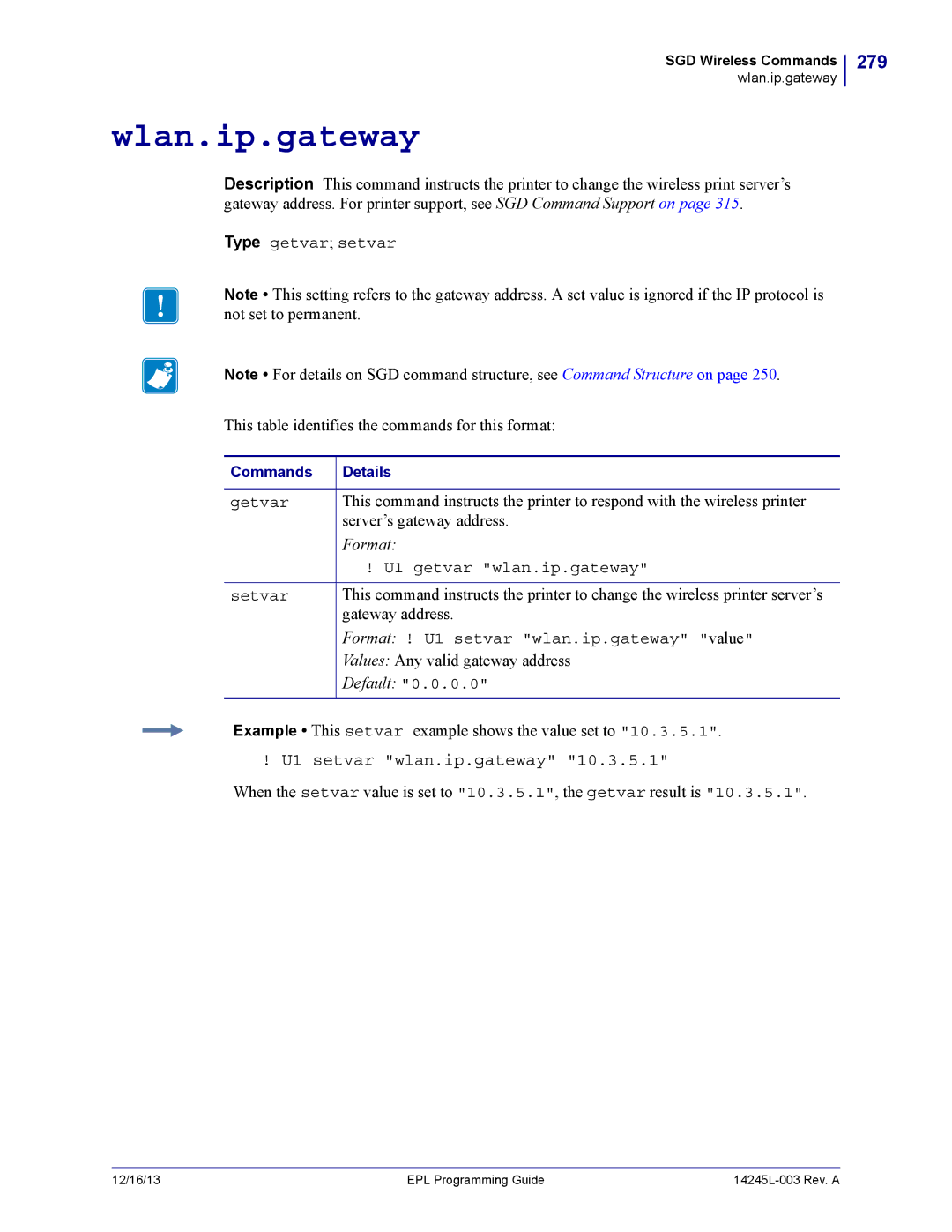 Zebra Technologies 14245L-003 manual Wlan.ip.gateway, 279, U1 setvar wlan.ip.gateway 