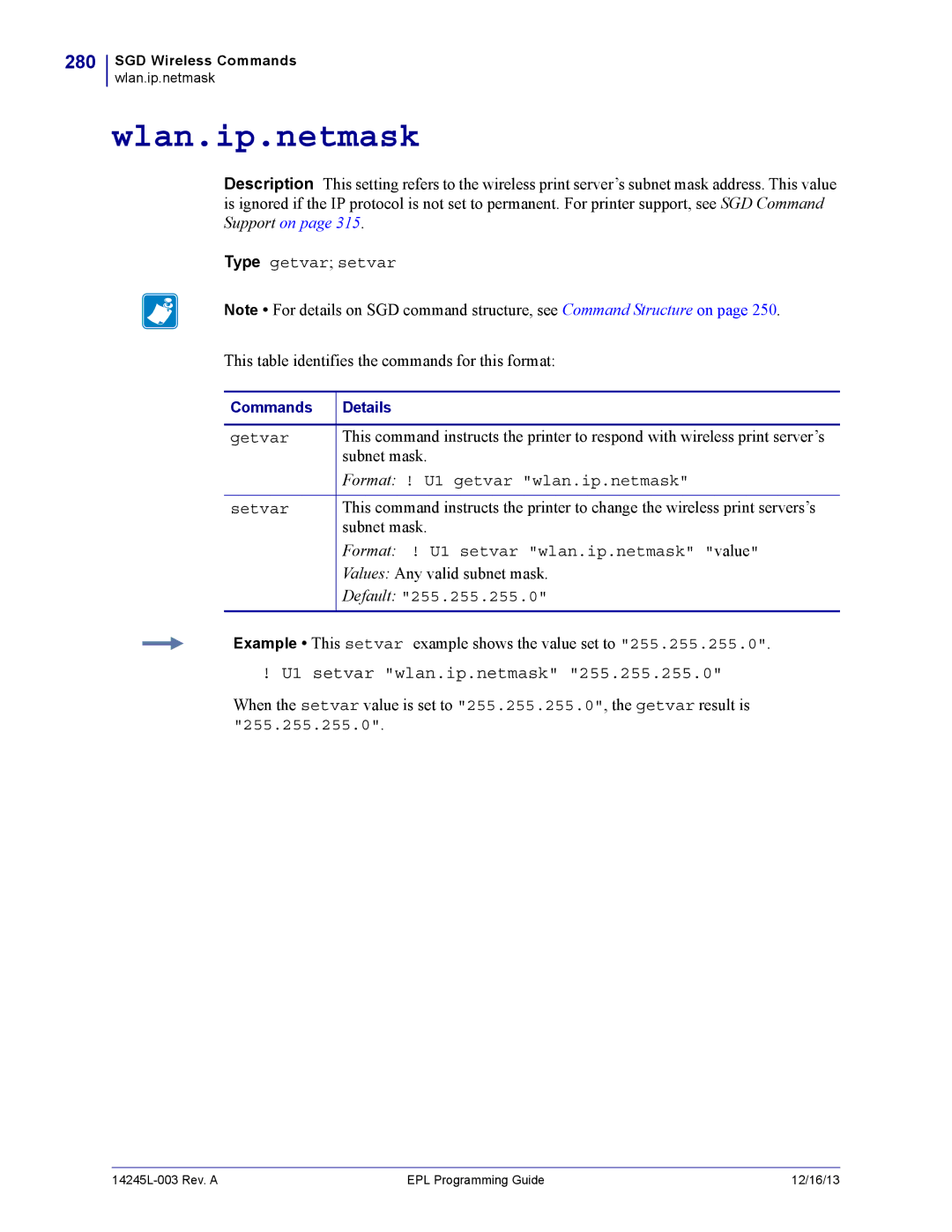 Zebra Technologies 14245L-003 manual Wlan.ip.netmask, 280, U1 setvar wlan.ip.netmask 