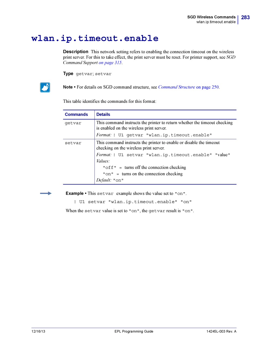 Zebra Technologies 14245L-003 manual Wlan.ip.timeout.enable, 283, U1 setvar wlan.ip.timeout.enable on 