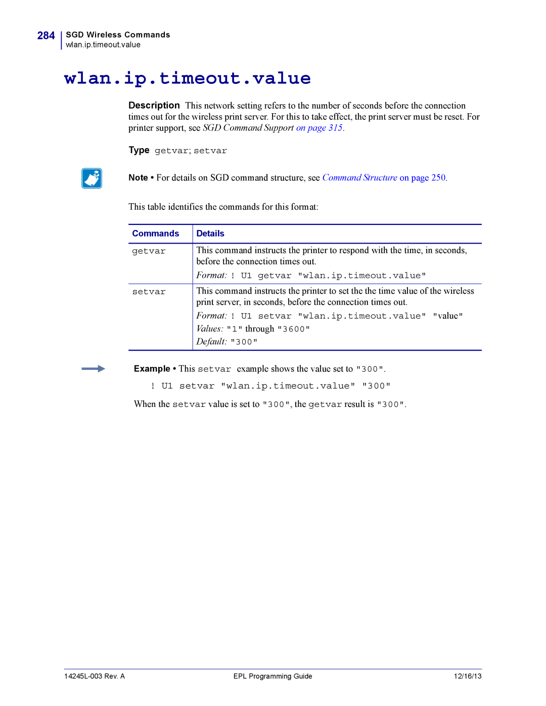 Zebra Technologies 14245L-003 manual Wlan.ip.timeout.value, 284, U1 setvar wlan.ip.timeout.value 