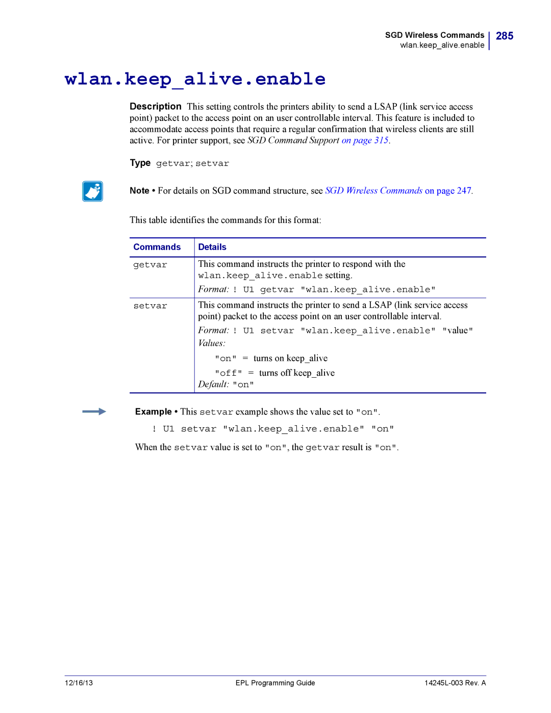 Zebra Technologies 14245L-003 manual Wlan.keepalive.enable, 285, U1 setvar wlan.keepalive.enable on 