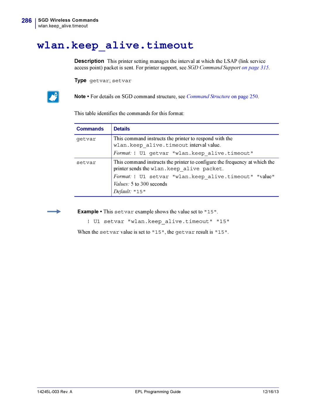 Zebra Technologies 14245L-003 manual Wlan.keepalive.timeout, 286, U1 setvar wlan.keepalive.timeout 