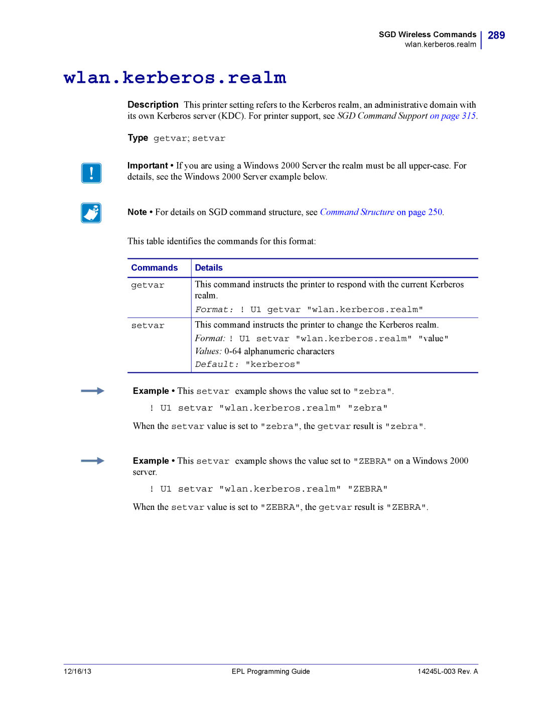 Zebra Technologies 14245L-003 manual Wlan.kerberos.realm, 289, U1 setvar wlan.kerberos.realm zebra 