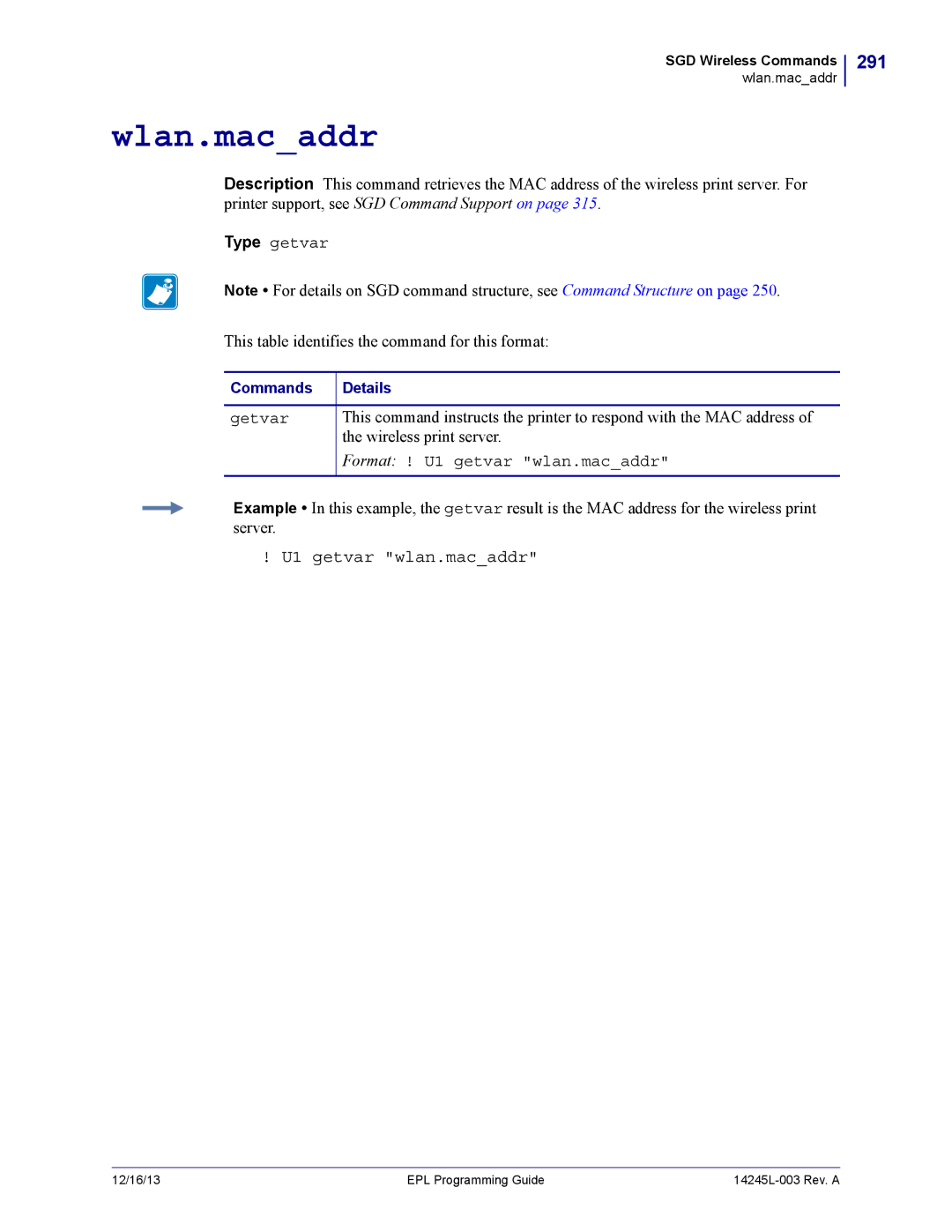 Zebra Technologies 14245L-003 manual Wlan.macaddr, 291, U1 getvar wlan.macaddr 