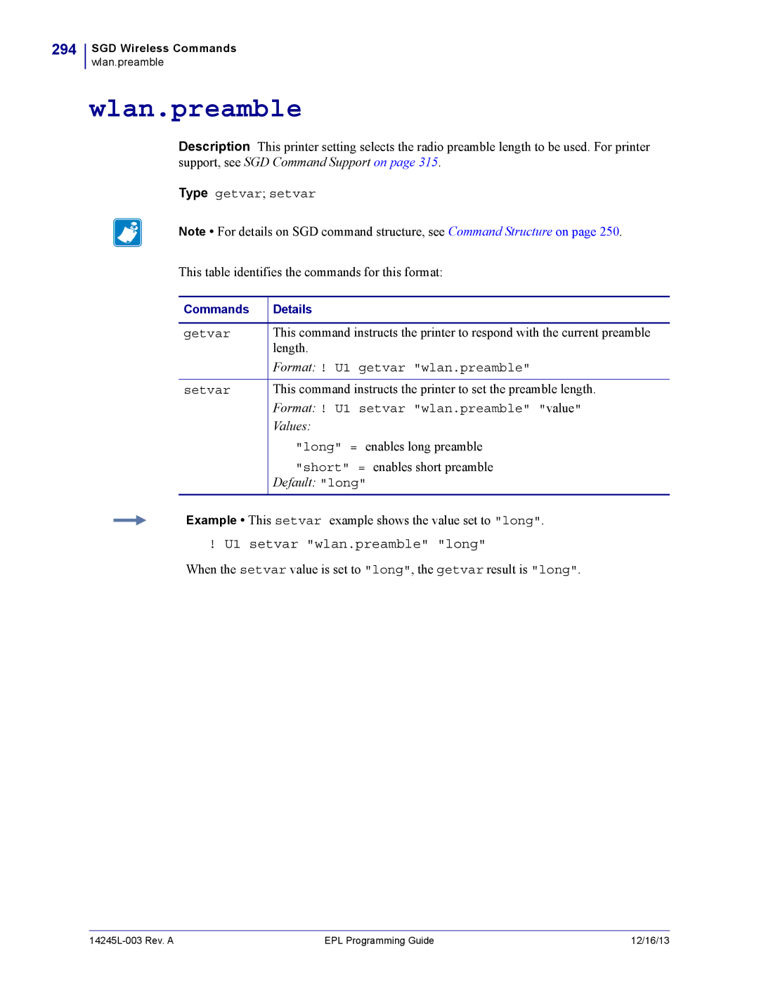 Zebra Technologies 14245L-003 manual Wlan.preamble, 294, U1 setvar wlan.preamble long 