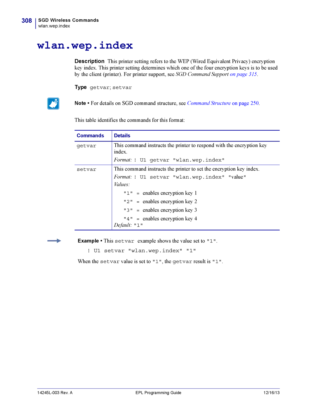 Zebra Technologies 14245L-003 manual Wlan.wep.index, 308, U1 setvar wlan.wep.index 