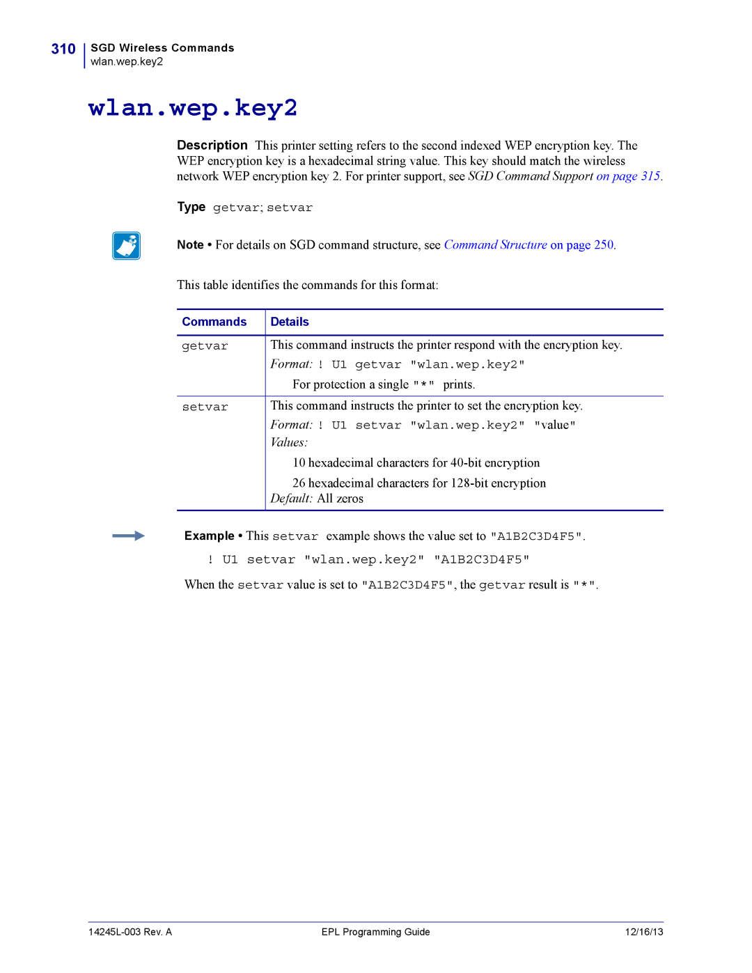 Zebra Technologies 14245L-003 manual Wlan.wep.key2, 310, U1 setvar wlan.wep.key2 A1B2C3D4F5 