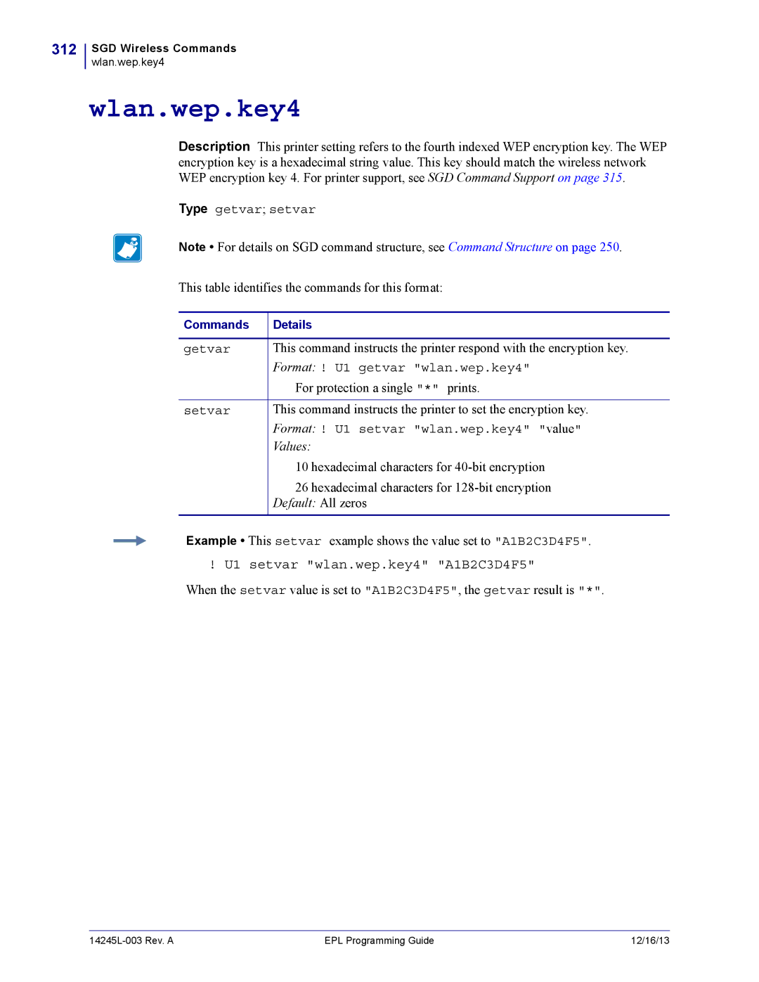 Zebra Technologies 14245L-003 manual Wlan.wep.key4, 312, U1 setvar wlan.wep.key4 A1B2C3D4F5 