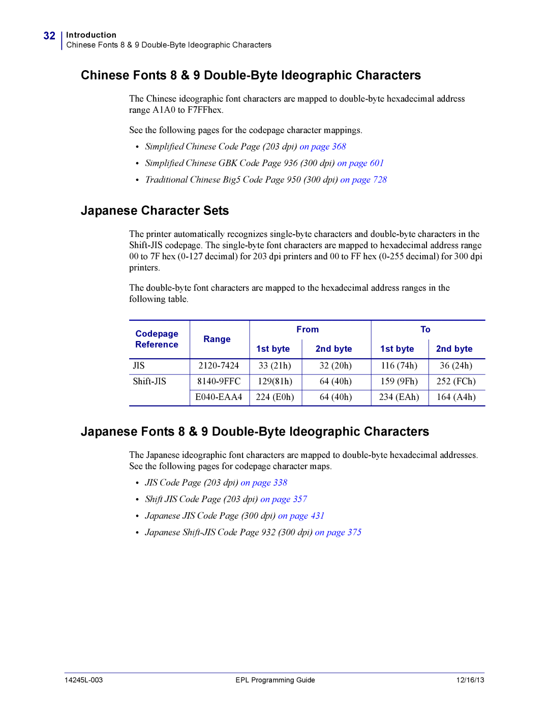 Zebra Technologies 14245L-003 manual Chinese Fonts 8 & 9 Double-Byte Ideographic Characters, Japanese Character Sets 