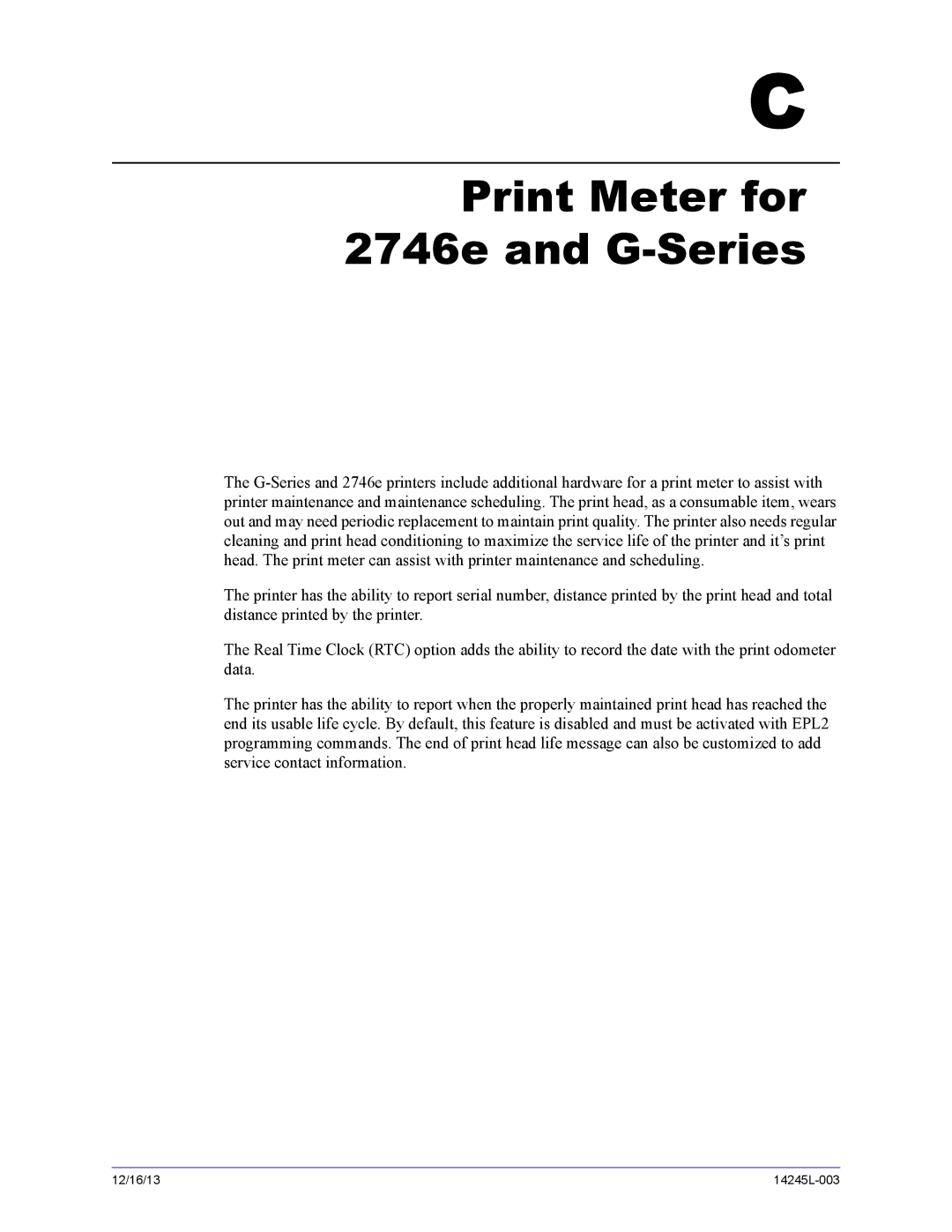 Zebra Technologies 14245L-003 manual Print Meter for 2746e and G-Series 