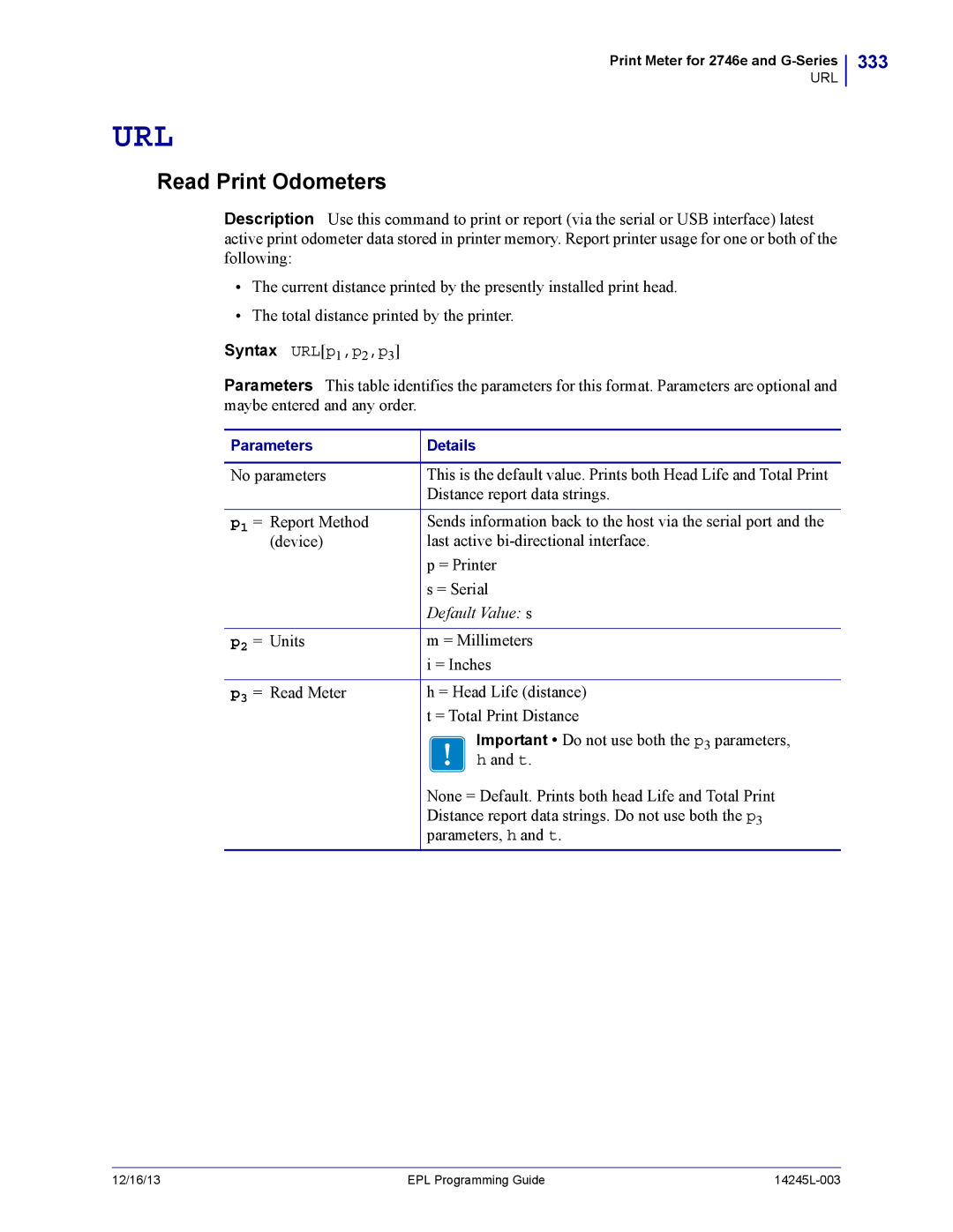 Zebra Technologies 14245L-003 manual Read Print Odometers, 333 