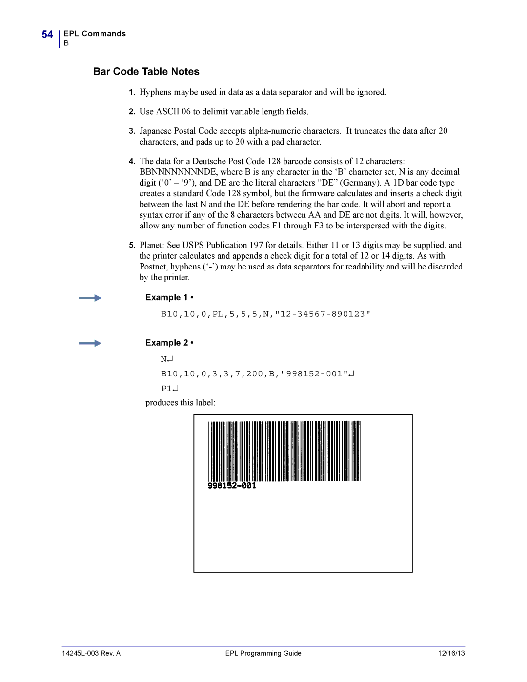 Zebra Technologies 14245L-003 manual B10,10,0,PL,5,5,5,N,12-34567-890123, B10,10,0,3,3,7,200,B,998152-001 